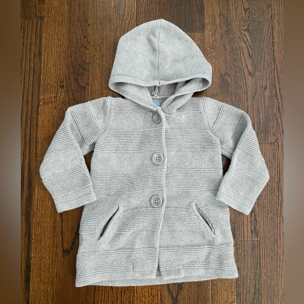 Baby GAP- 3yrs 100% cotton Hooded Knit Cardigan Light Gray pockets button front
